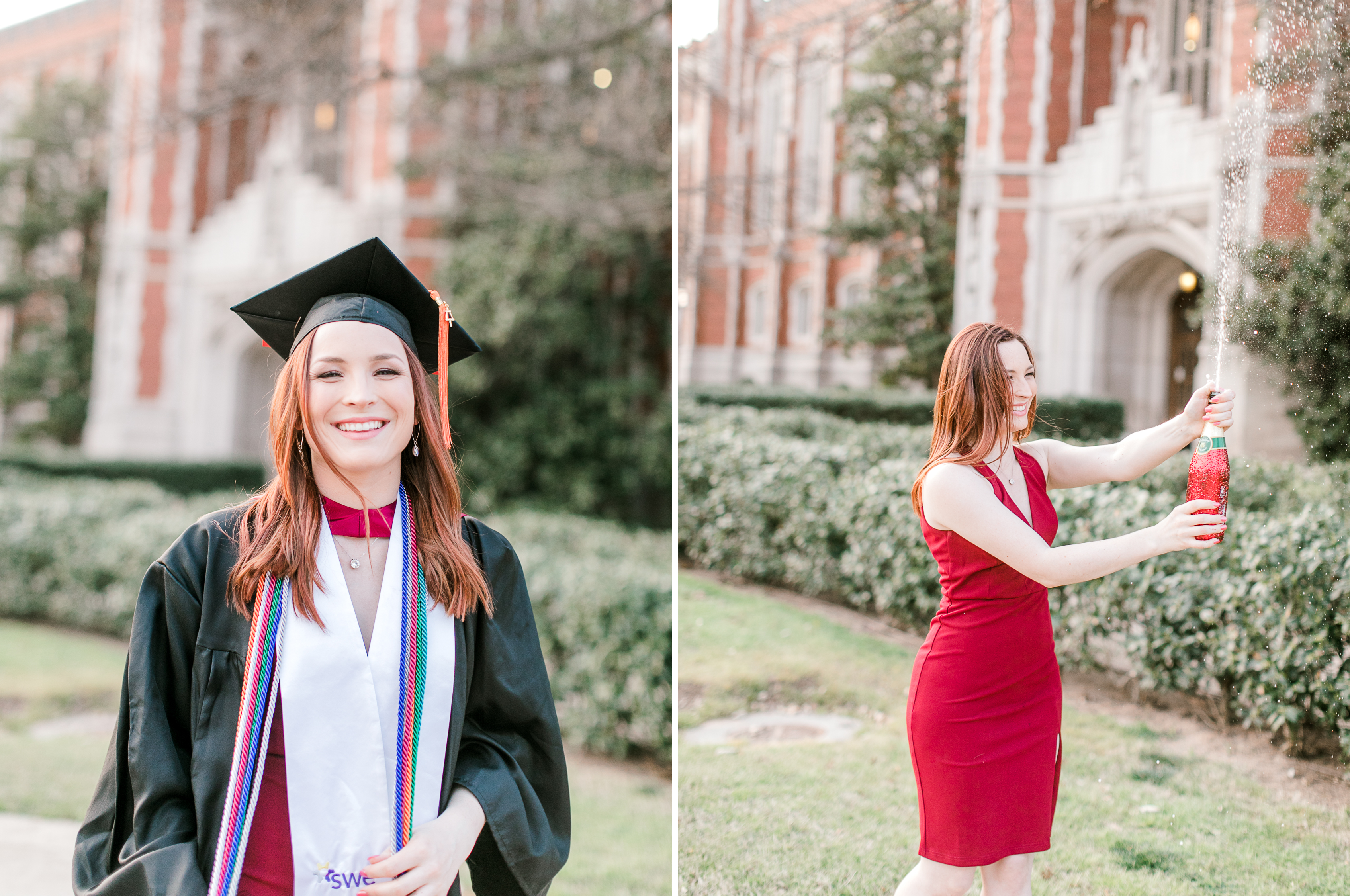 ou graduate smiles at the camera in front of bizzell library in graduation regallia