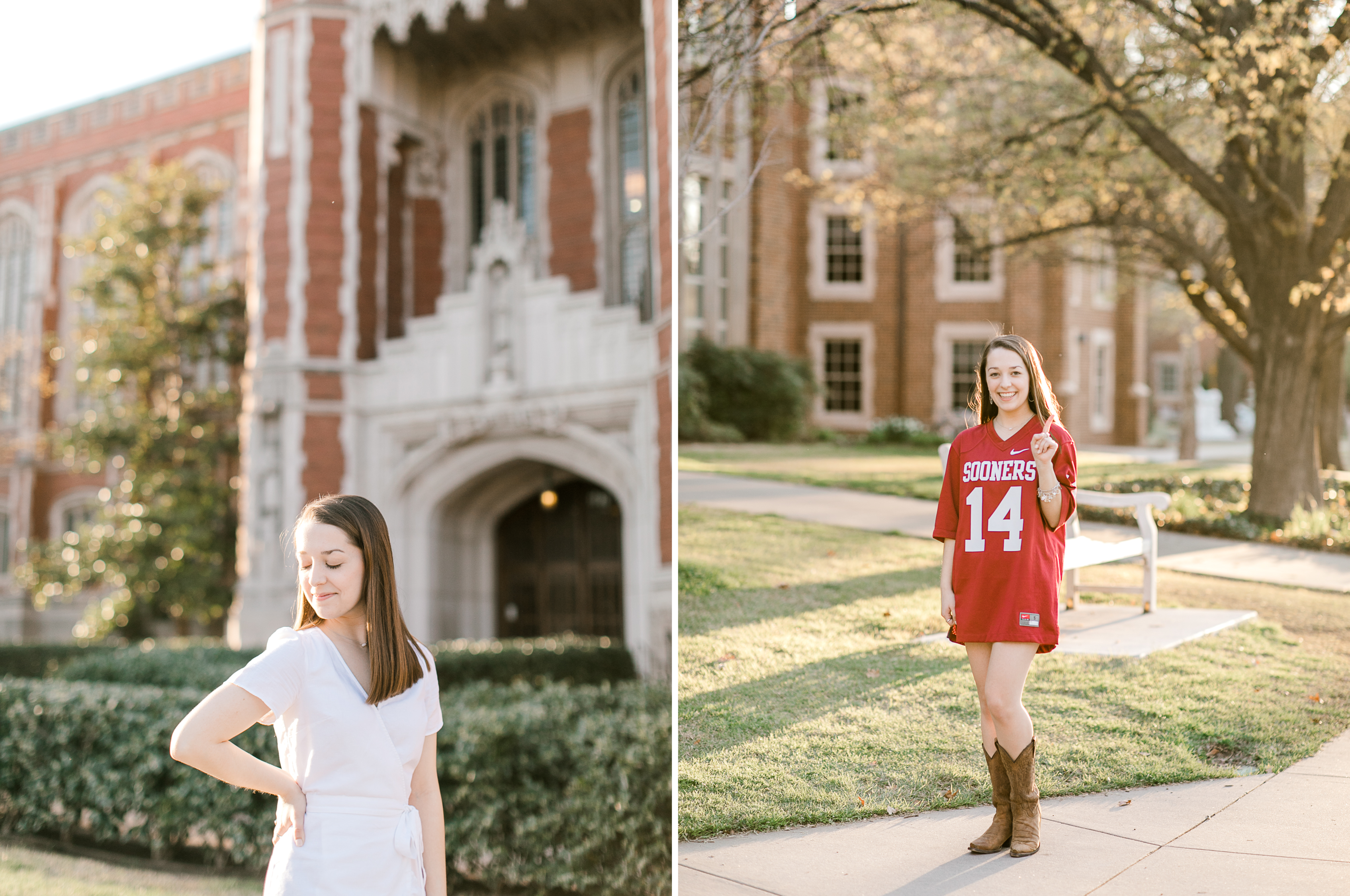 ou senior wearing an oklahoma football jersey smiles at the camera in front of the bizzell library