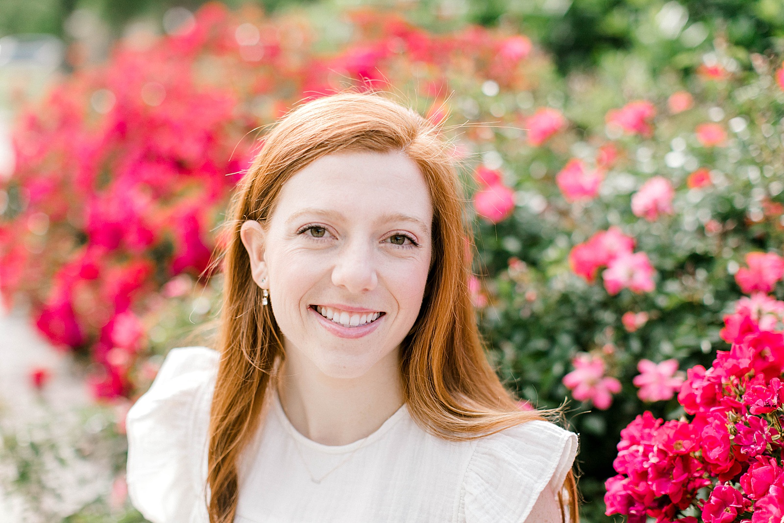 ou senior photos in front of rose bush on campus by melanie foster photography