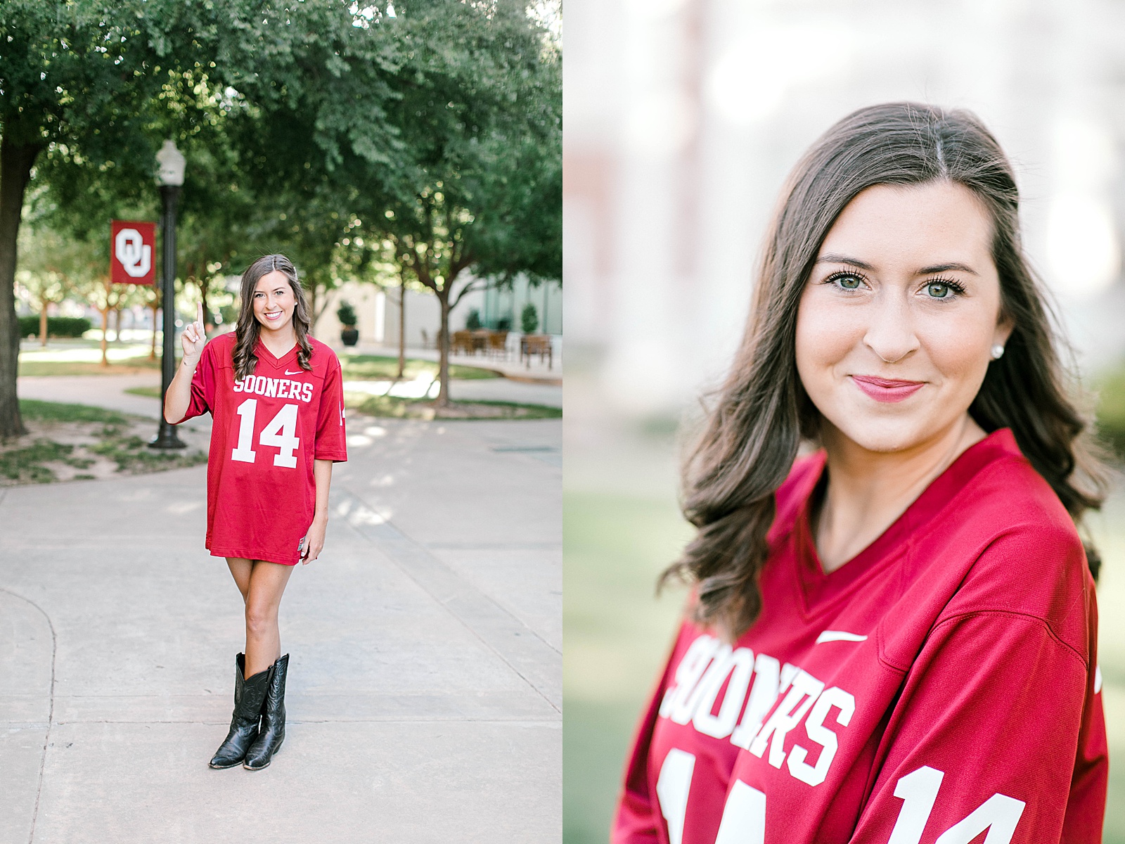 ou graduate poses in sooners jersey for graduation photos