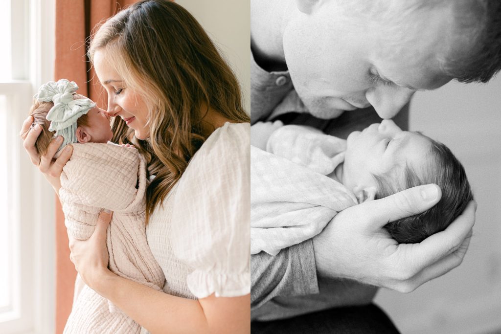 mom and dad snuggle newborn baby nose to nose