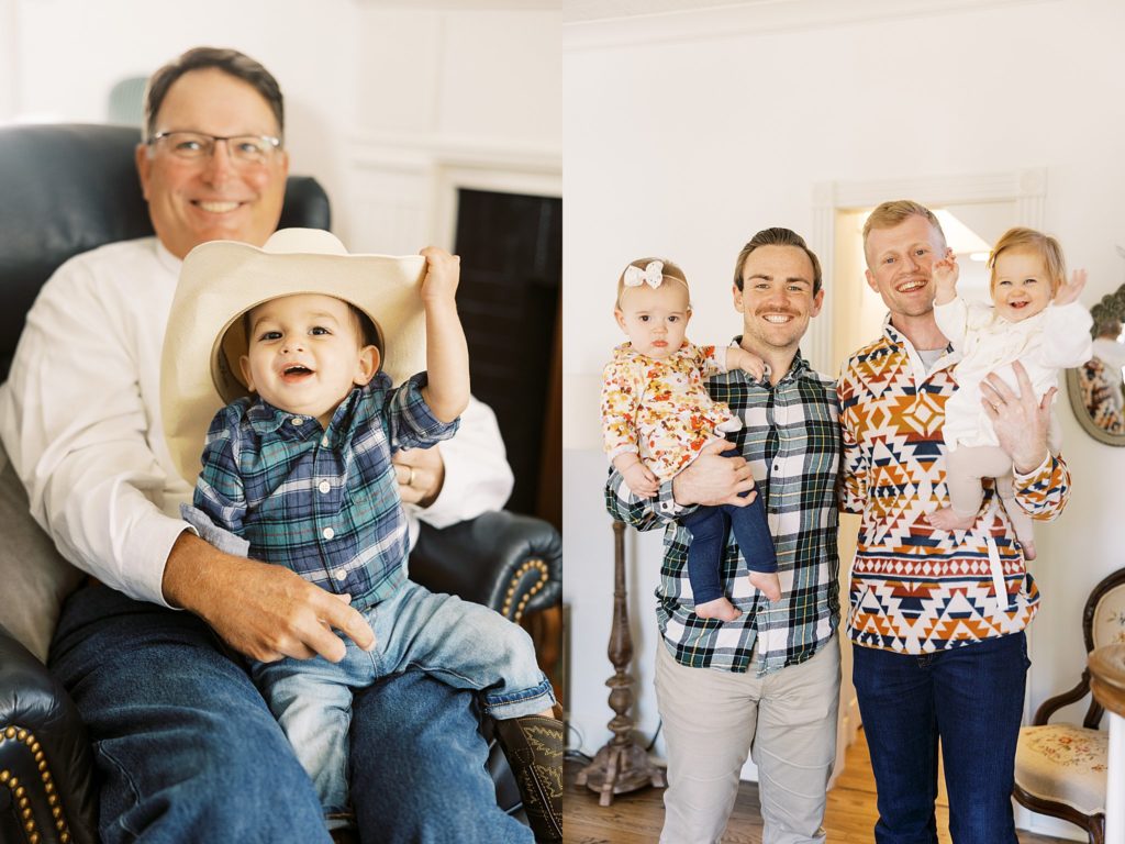 friends holding babies in cowboy hats celebrating rodeo themed birthday party