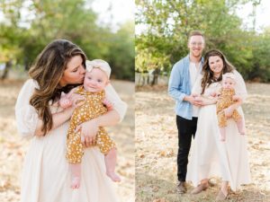 A new mom and dad hold their baby girl during family photography session