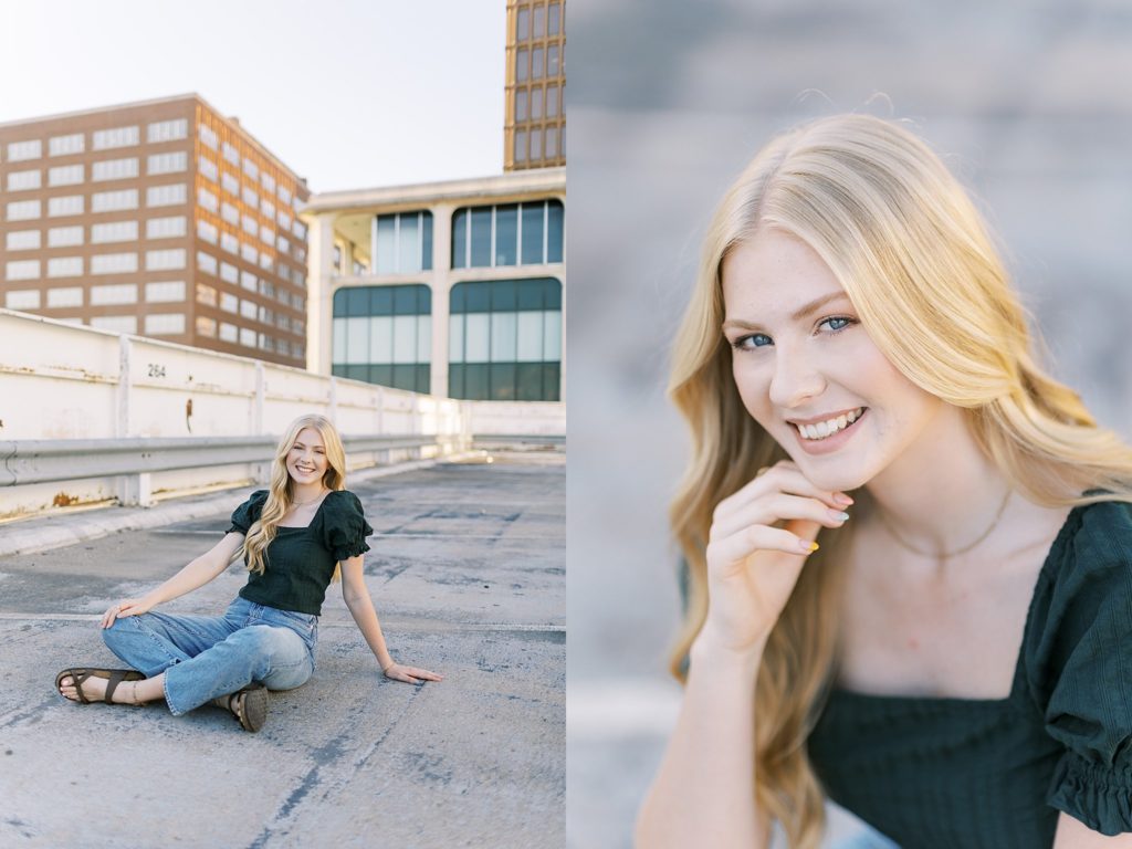 Diptych senior session portraits from young woman's downtown Bartlesville Oklahoma senior portrait session