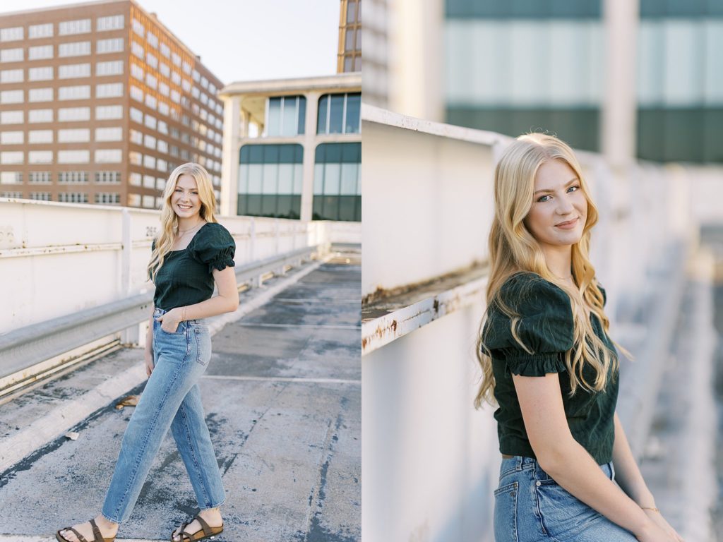 High school senior poses naturally for photos on rooftop in Bartlesville Oklahoma