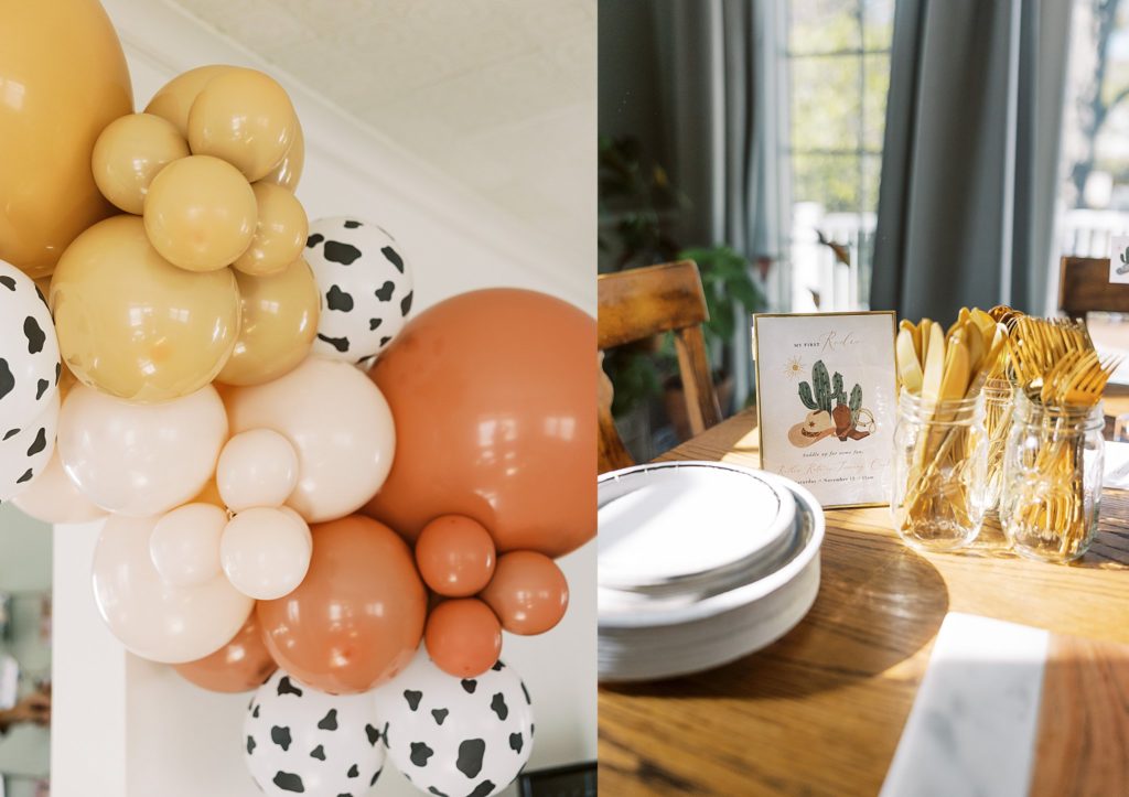Gold, pink, orange, and cow printed rodeo themed balloons 