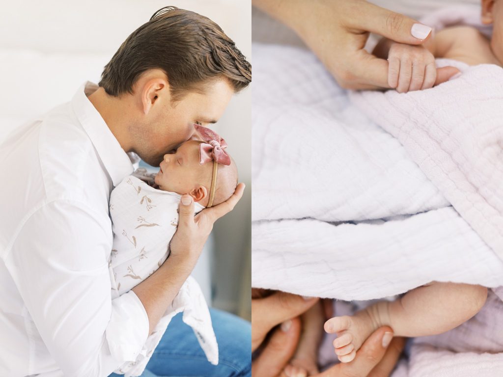 Diptych portrait of dad kiss newborn baby's forehead and holding newborn's feet during lifestyle session