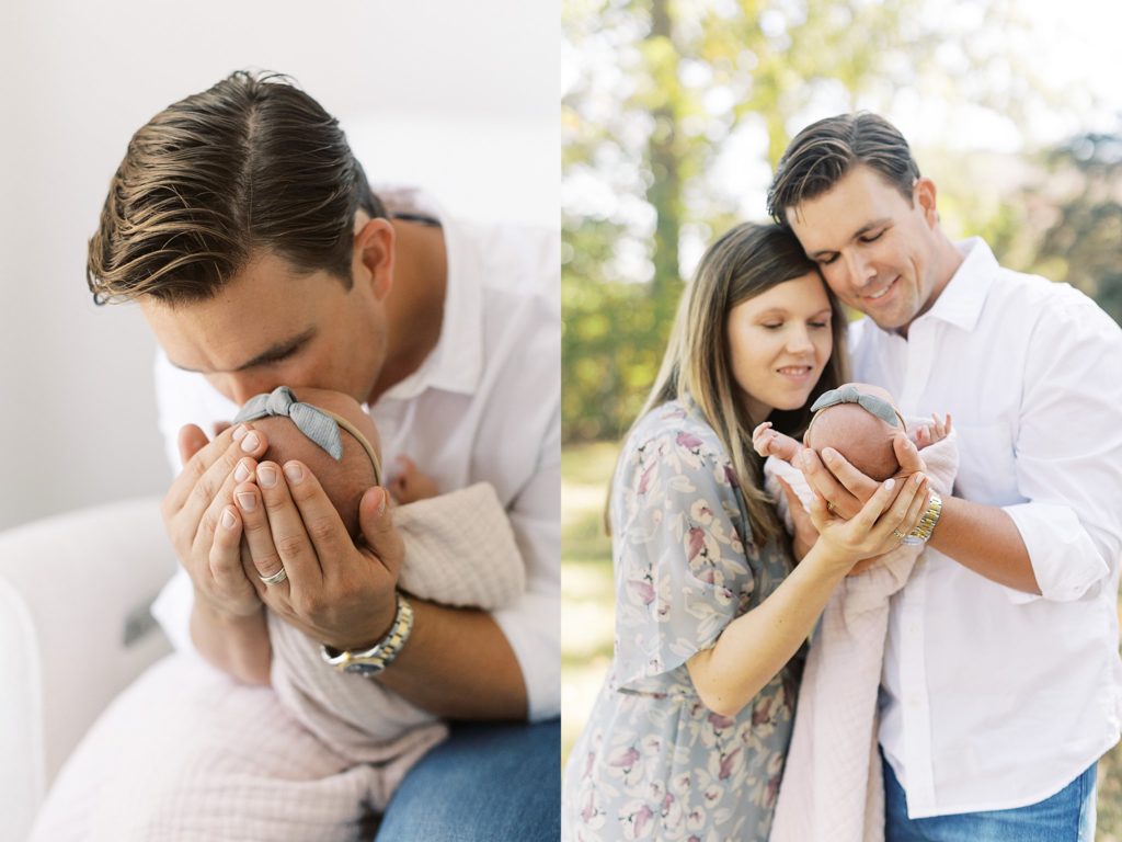 Diptych of dad kissing newborn daughter's forehead and mom and dad holding newborn during family photos with newborn.