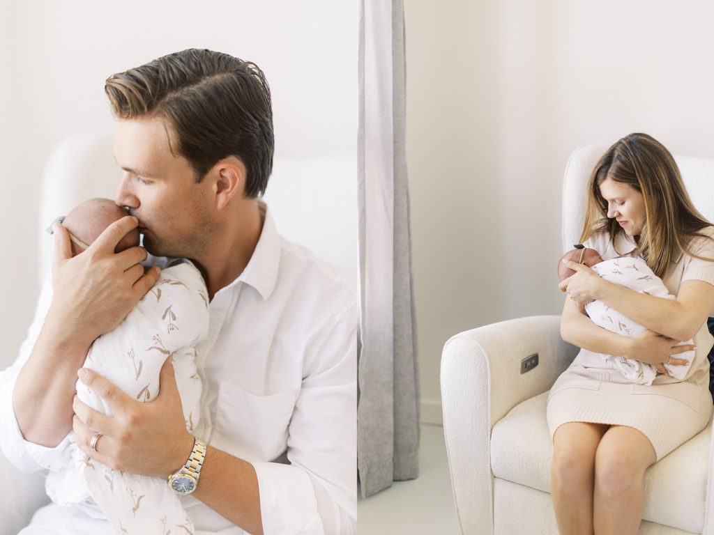 Diptych of dad holding newborn in chair and mom holding newborn in chair