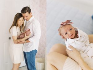 Diptych of mom and dad holding baby and baby looking up at camera during lifestyle newborn photography session