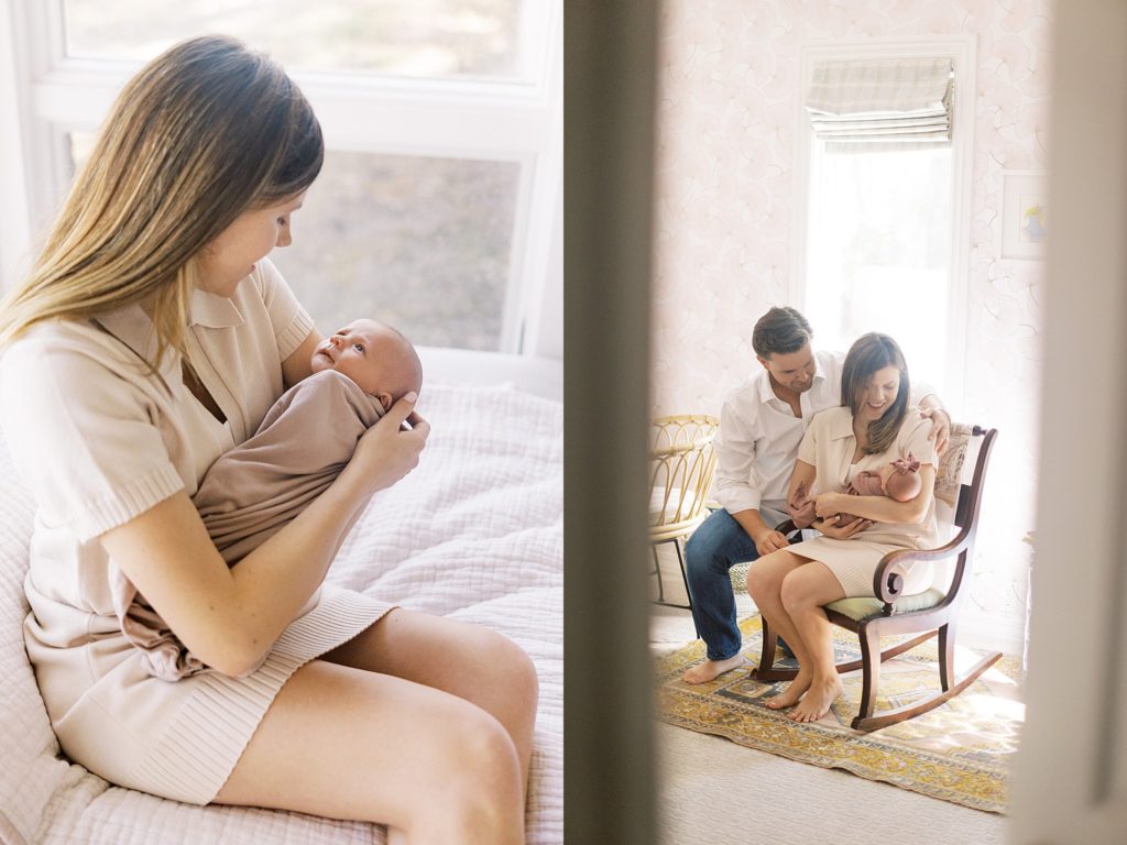 Diptych of mom holding baby and dad and mom sitting together with baby in a rocking chair