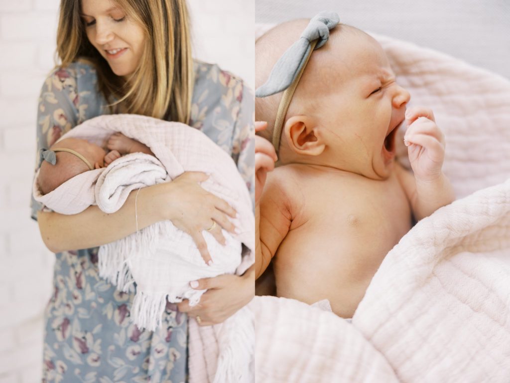 Diptych of mom holding baby and new baby yawning wrapped in a pink blanket