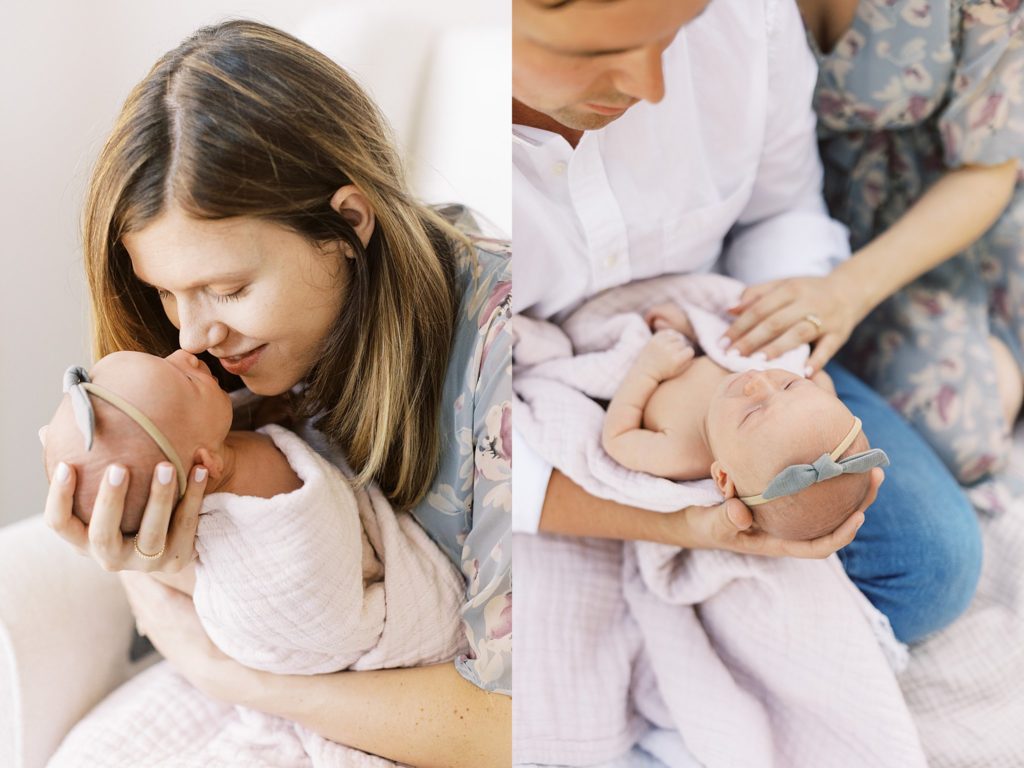 Diptych of parents naturally posing during Bartlesville newborn lifestyle session