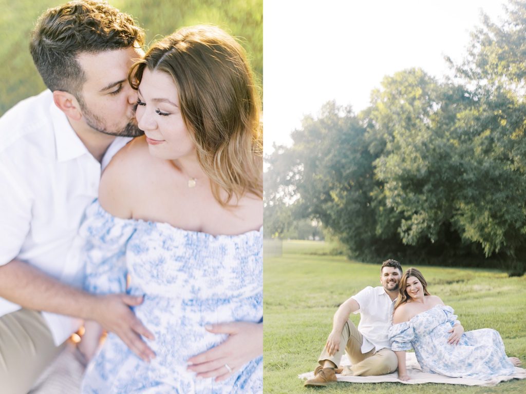 Diptych man kisses wife's cheek and man and woman sit together in park during outdoor maternity session