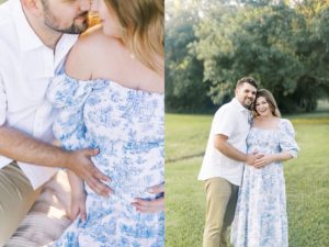Diptych of a man gently touching wife's baby bump and man and woman embracing in park