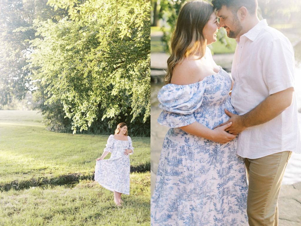 Diptych man and woman embracing during outdoor maternity photos