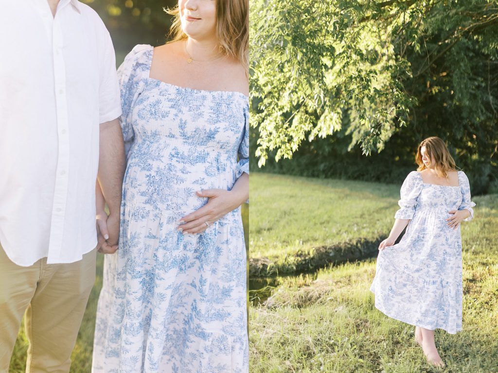 Diptych man and woman hold hands during pregnancy photo session