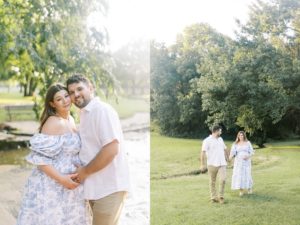 Man and woman naturally pose during Bartlesville outdoor maternity photography session