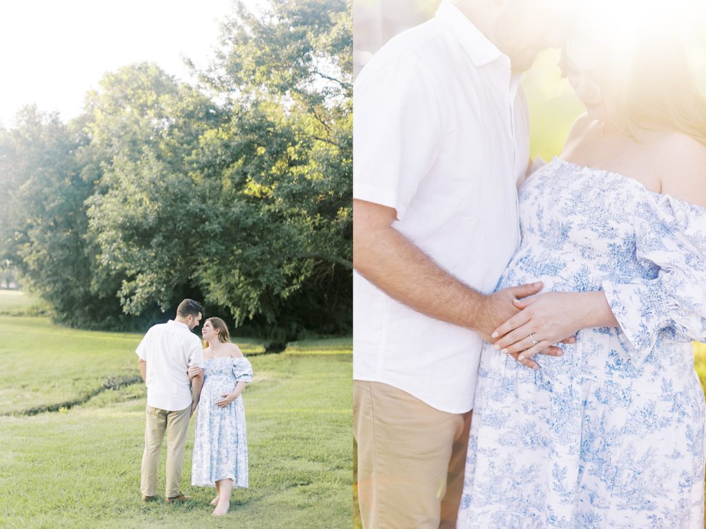 Diptych man and woman stand together in the park during sunset maternity portraits