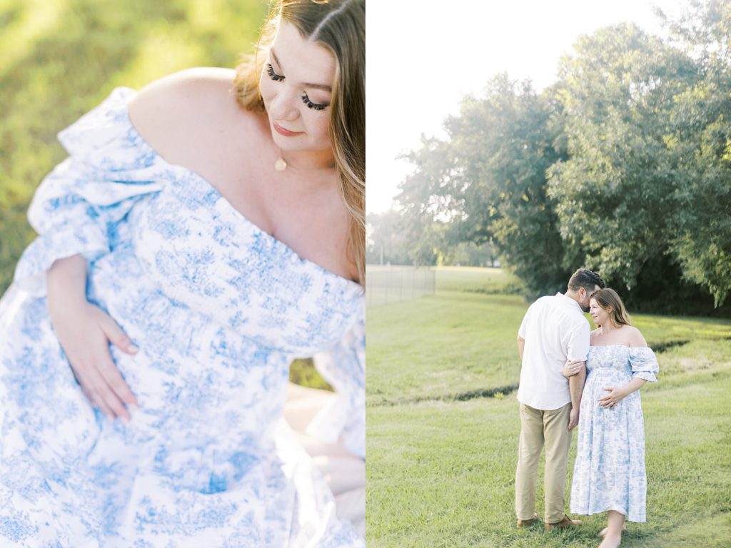Woman wears blue and white dress from a photographer's client closet for maternity portraits