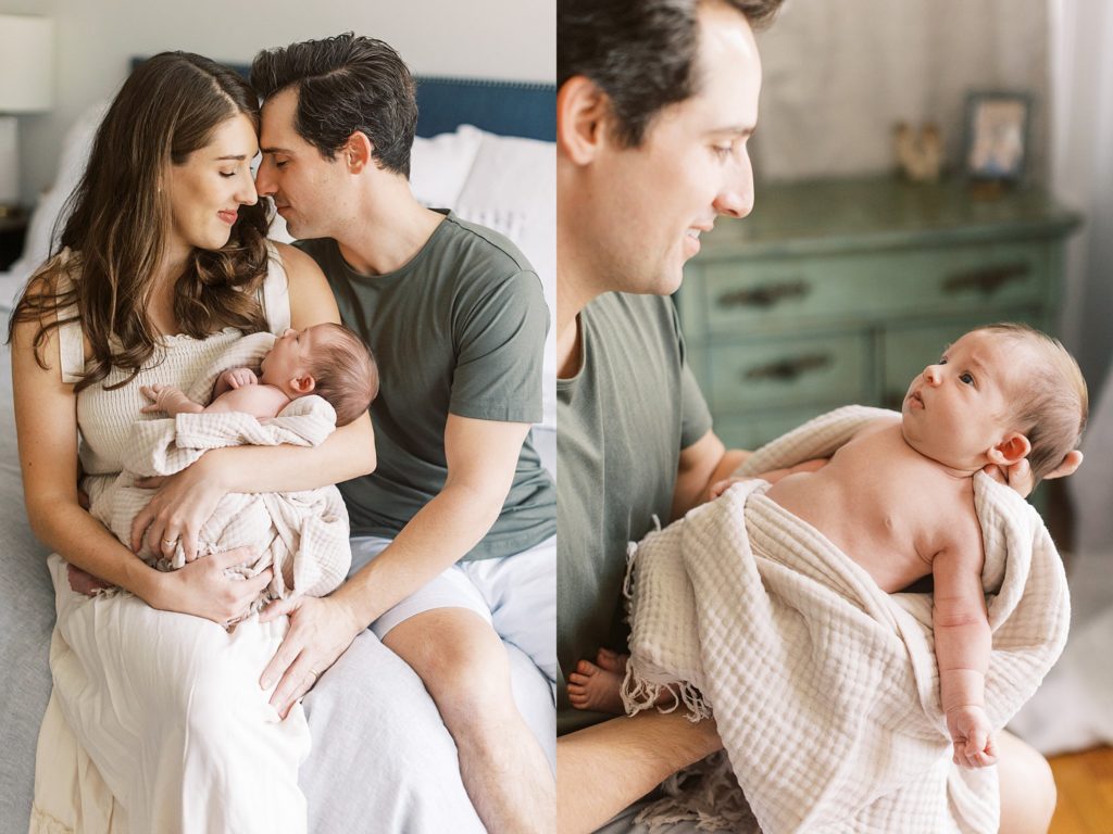 Diptych of dad holding new baby in nursery and mom and dad sitting on bed holding new baby