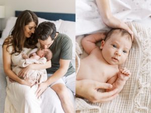 Diptych of dad kissing baby's forehead and baby looking up at camera for family newborn photography session