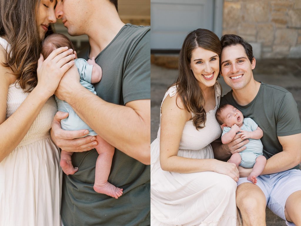 Mom and dad hold their baby on their porch during newborn photography OKC session