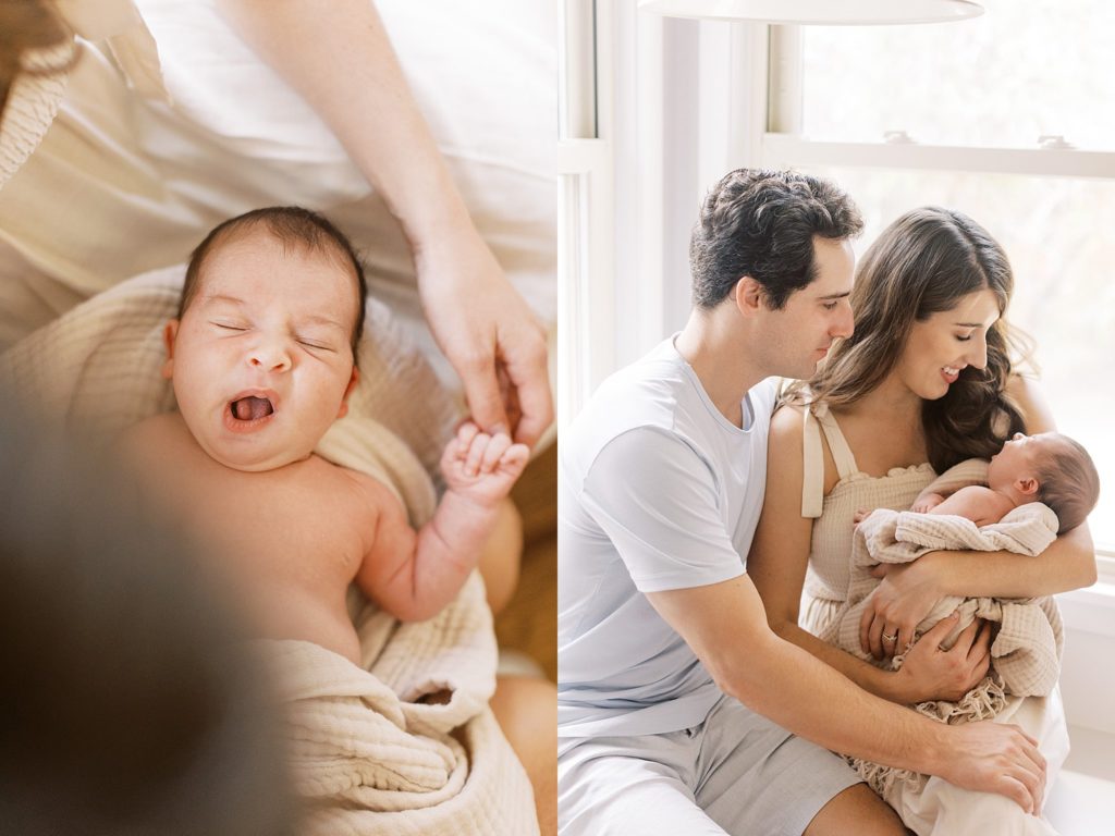 Diptych of baby yawning and mom and dad holding baby in nursery