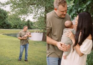 mom and dad hold newborn baby in front of pond for newborn photos in owasso ok
