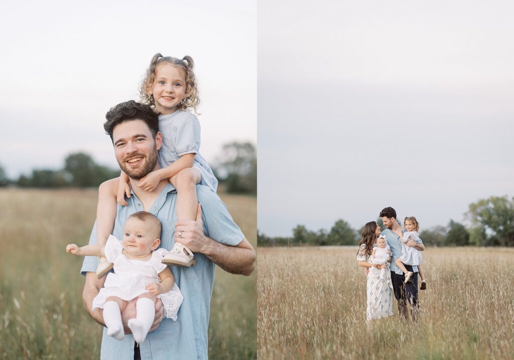 dad poses with young daughters and wife in field in this article about tulsa photographer mini sessions - are they worth it?
