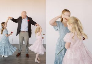 dad twirls daughters, sisters twirl each other for portrait event before bartlesville father daughter dance