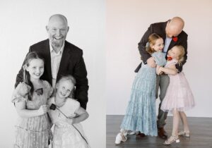 Dad and two daughters smile and hug for camera before bartlesville father daughter dance